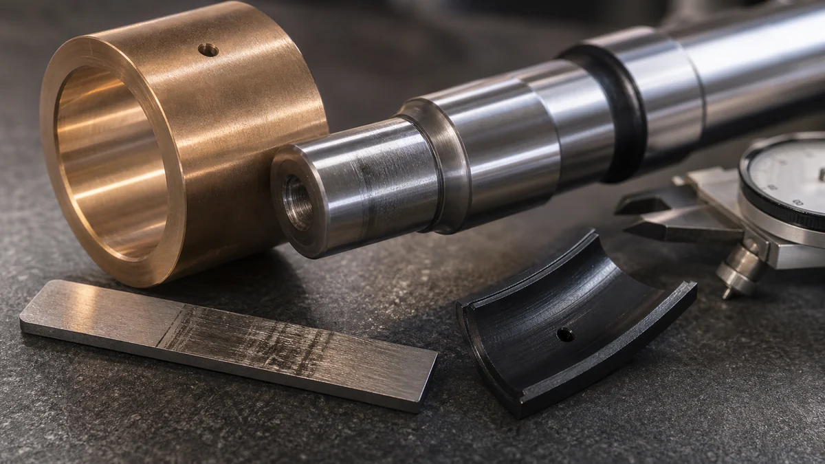 Close up of a bronze bushing, polished steel shaft, and plastic wear strip being inspected