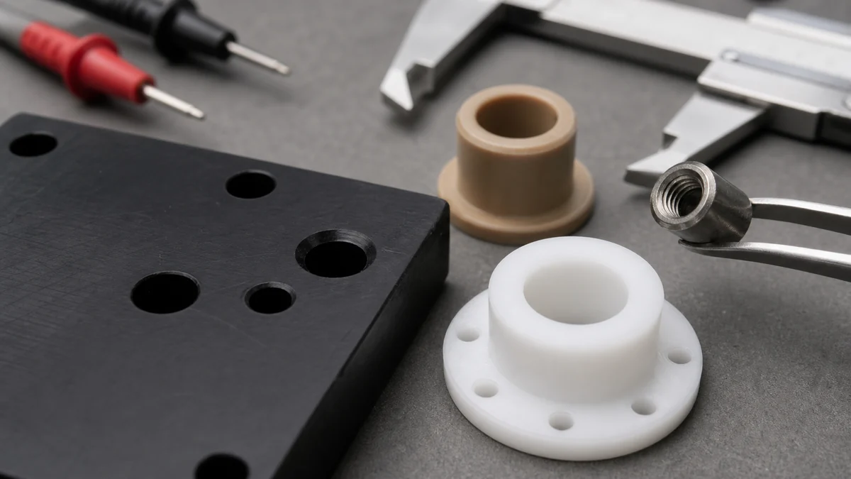 Close up inspection of CNC machined plastic insulators, bushings, and threaded inserts