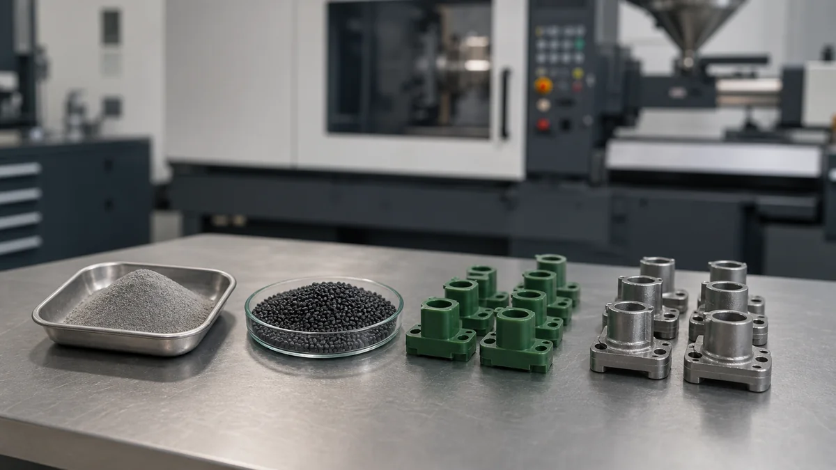 Metal injection molding process flow from metal powder and feedstock to green parts and sintered metal components