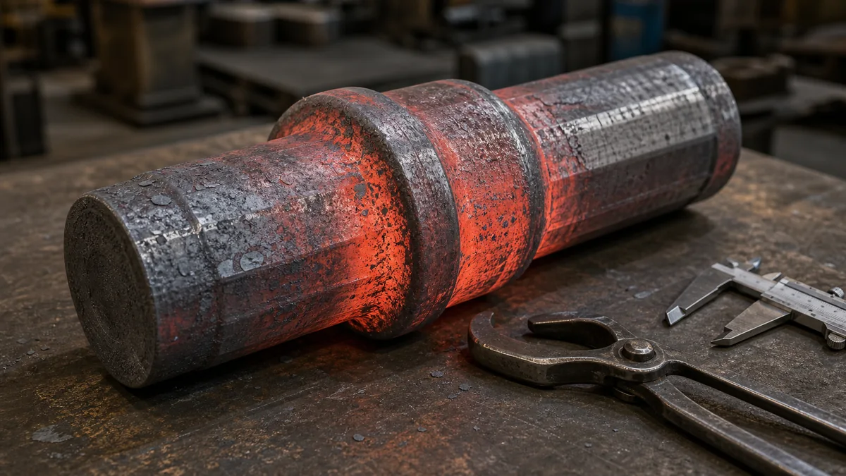 Open die forged metal blank with scale and machining allowance on inspection bench