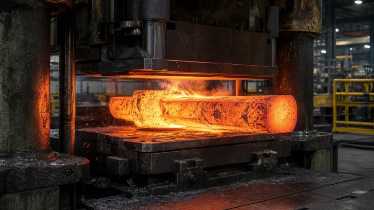 Open die forging hydraulic press shaping a hot steel billet between flat dies