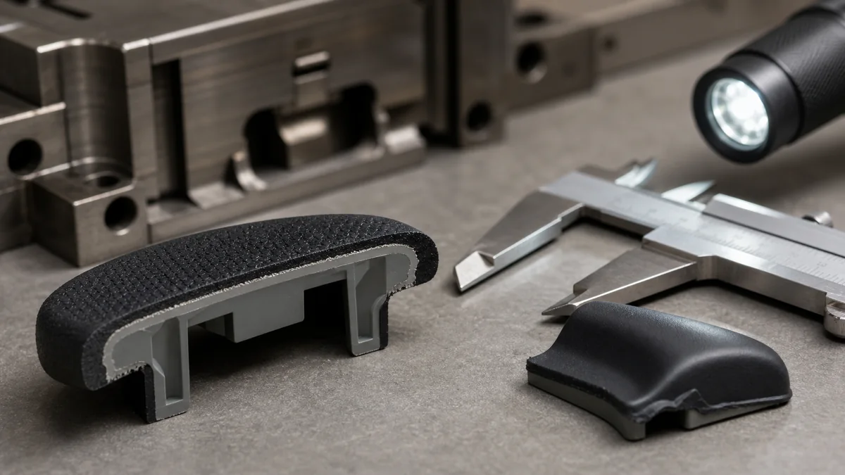 Cutaway overmolded part inspected with calipers for edge shutoff peeling and bonding risks