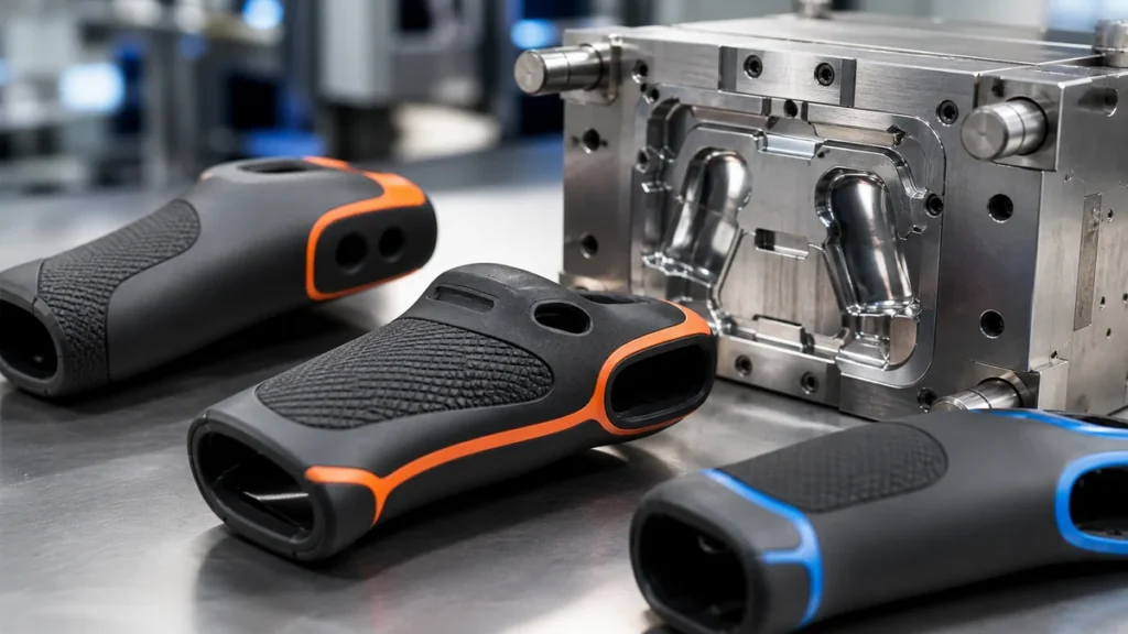 Overmolded soft grip parts beside a precision injection mold