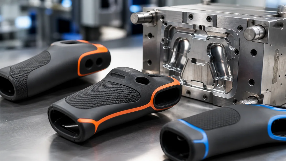 Overmolded soft grip parts beside a precision injection mold