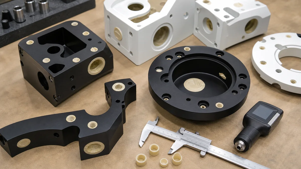 Powder coated CNC machined parts with masked threaded holes and coating thickness inspection tools