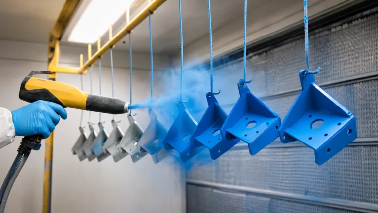 Powder coating being applied to CNC machined aluminum parts hanging in a spray booth