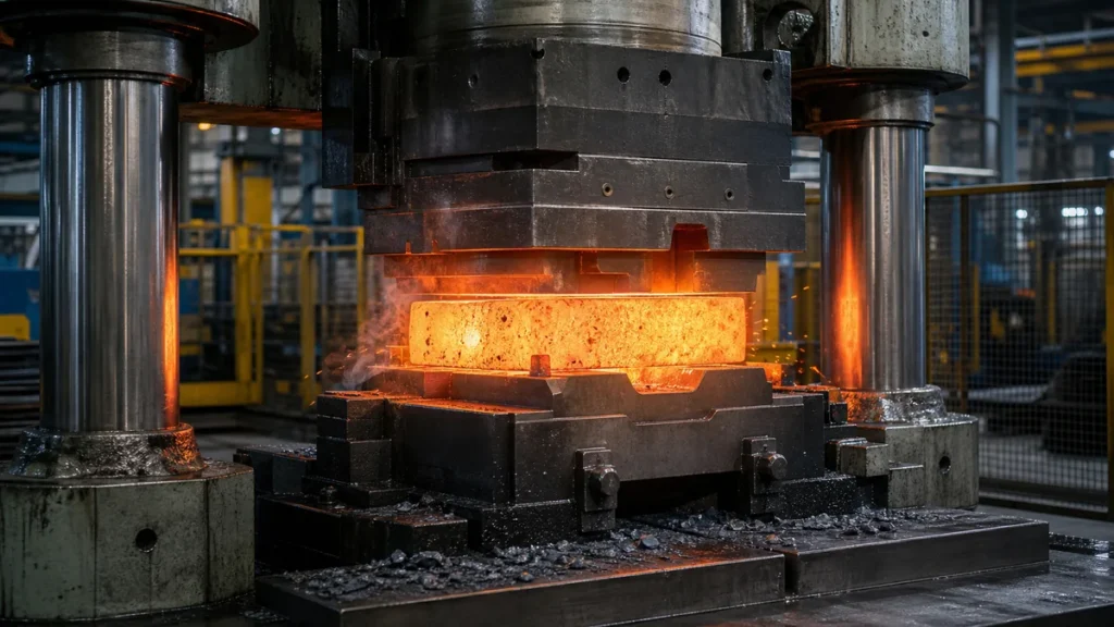 Hydraulic press forging a hot steel billet with controlled pressure