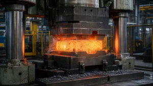 Hydraulic press forging a hot steel billet with controlled pressure