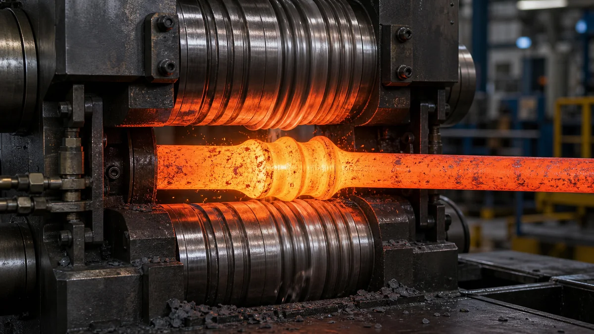 Roll forging machine shaping a heated steel bar between grooved rolls