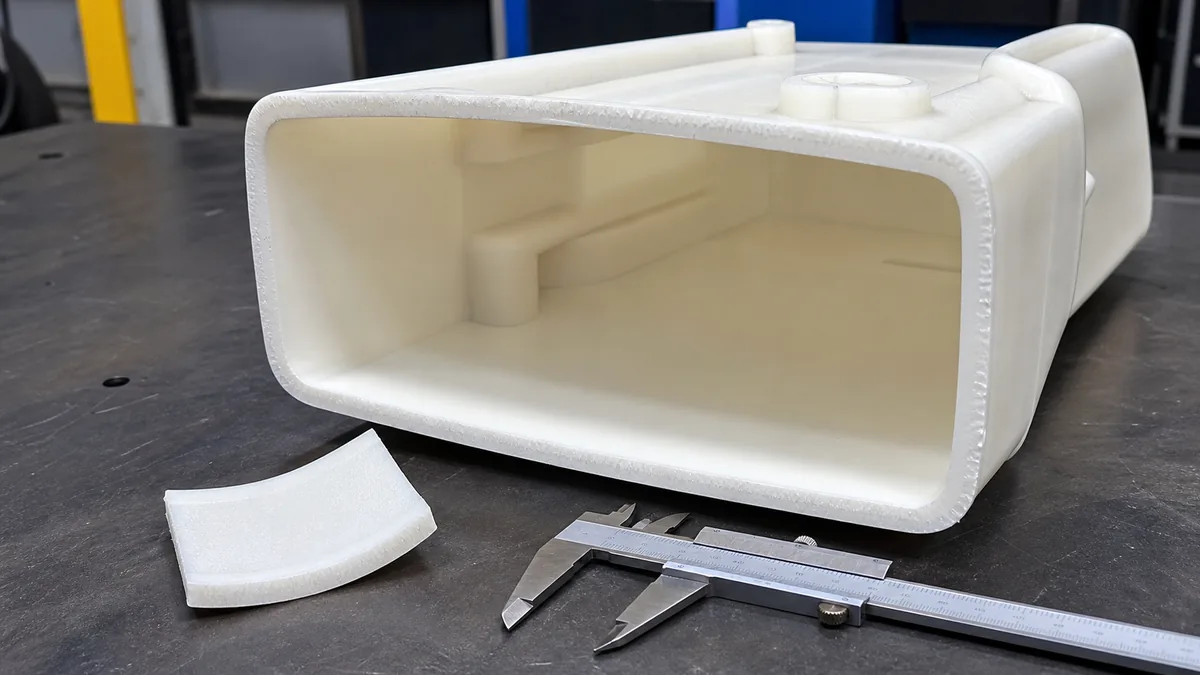 Cutaway rotomolded plastic part showing wall thickness and rounded internal corners