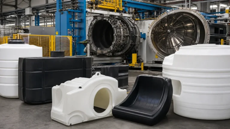 Rotational molding factory with large hollow plastic parts and mold tooling