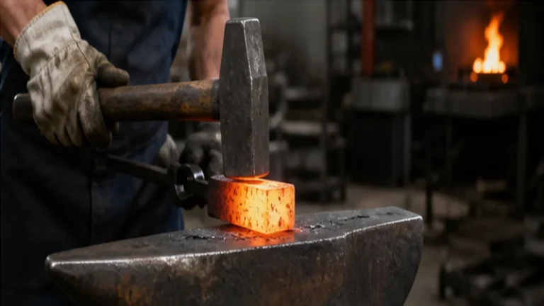 Smith forging hot steel on an anvil with hammer and gloves