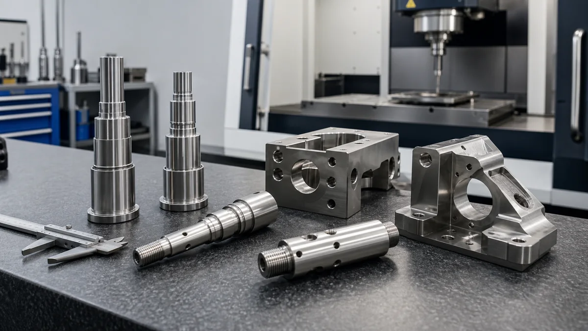 Stainless steel CNC machined parts on an inspection table in a precision machine shop