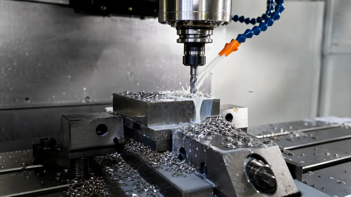 Carbide end mill cutting a stainless steel workpiece with coolant and controlled fixturing