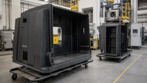 Large black structural foam molded enclosure panels in a plastics manufacturing facility