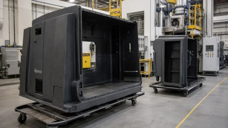 Large black structural foam molded enclosure panels in a plastics manufacturing facility