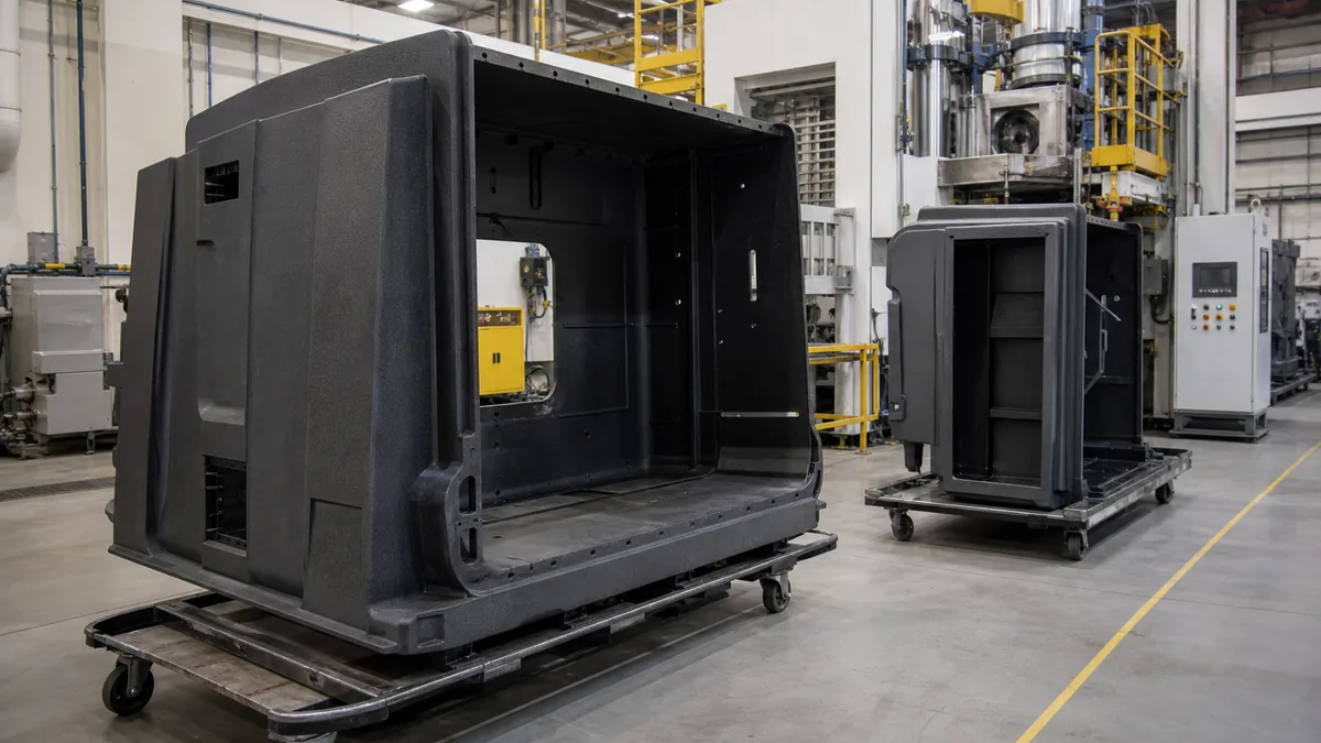 Large black structural foam molded enclosure panels in a plastics manufacturing facility