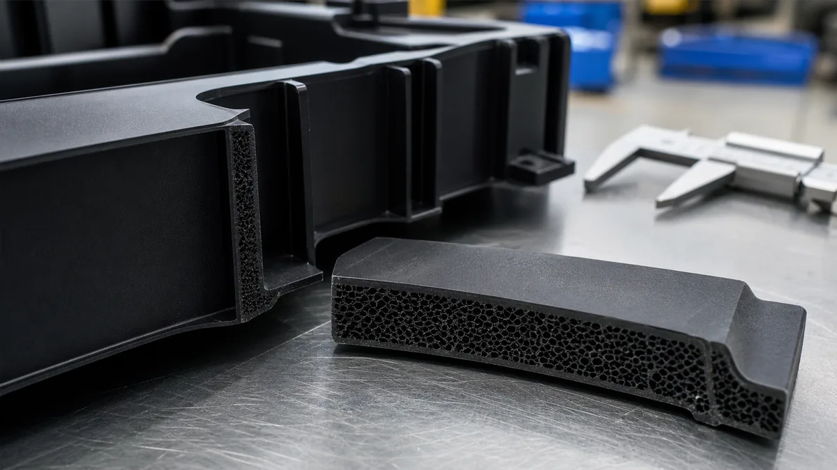 Structural foam plastic cross-section showing solid skin and cellular core near calipers