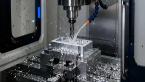 CNC milling machine removing material from an aluminum billet