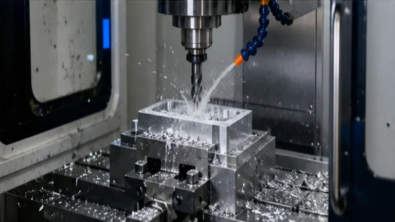 CNC milling machine removing material from an aluminum billet