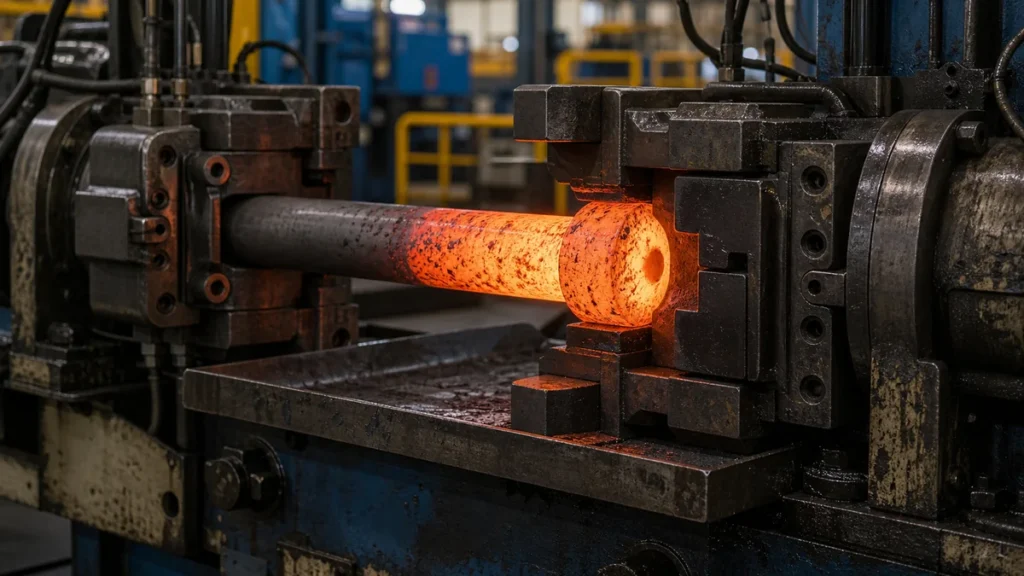 Upset forging machine compressing a hot steel rod end to form an enlarged head