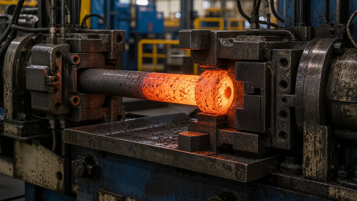 Upset forging machine compressing a hot steel rod end to form an enlarged head