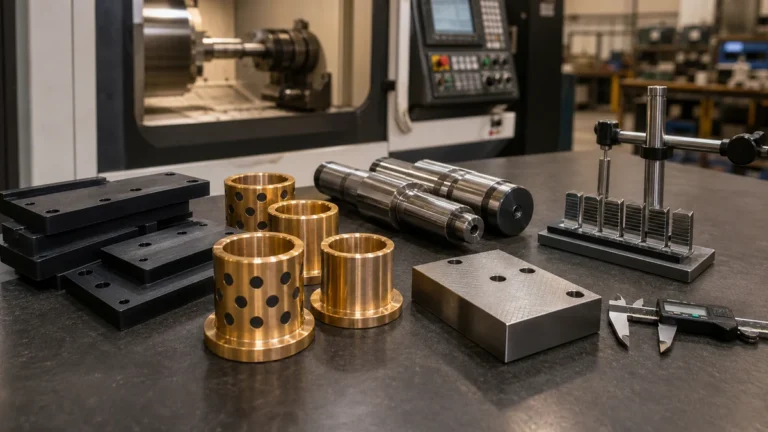 Bronze bushings, hardened steel shafts, and plastic wear components prepared for CNC part inspection
