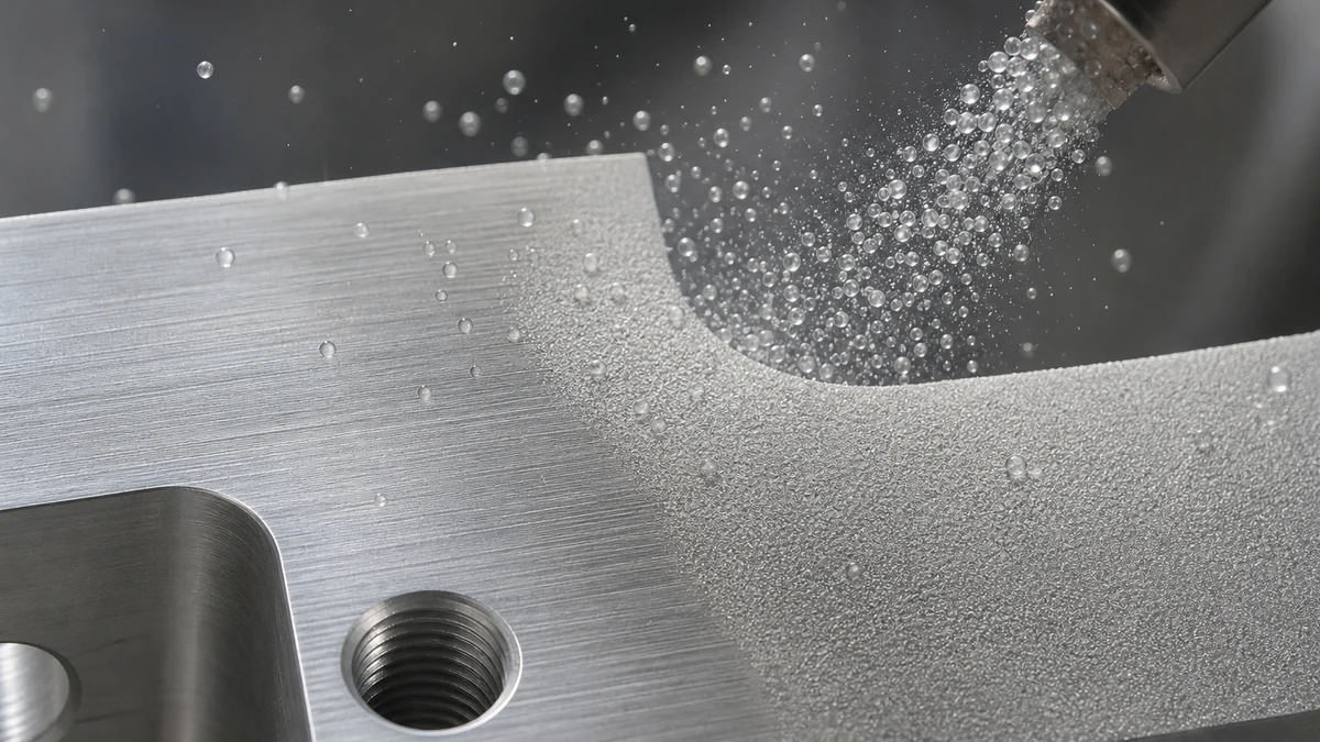 Glass beads impacting a machined aluminum surface during bead blasting
