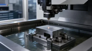 Wire EDM machine cutting a precision metal block with fine sparks in dielectric fluid