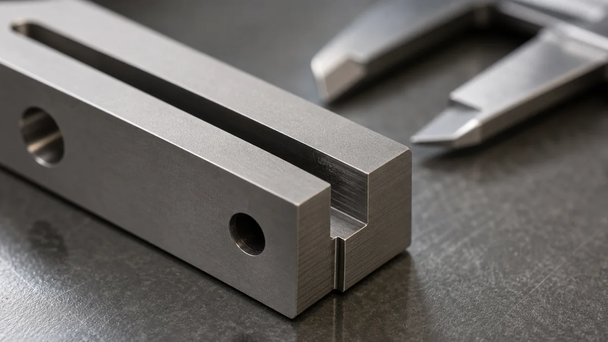 Precision metal part with narrow wire EDM slot and sharp internal corner on inspection bench