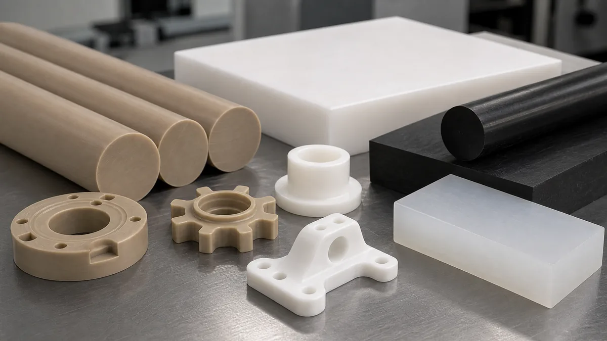 PEEK PTFE acetal and HDPE plastic stock with machined sample parts for CNC material selection