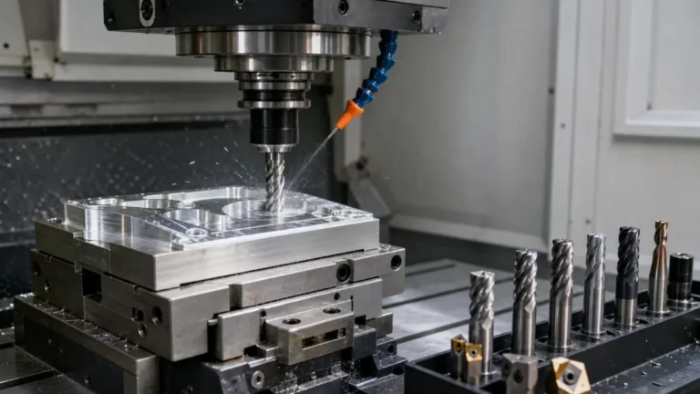 CNC milling operation with carbide end mills and machined aluminum part