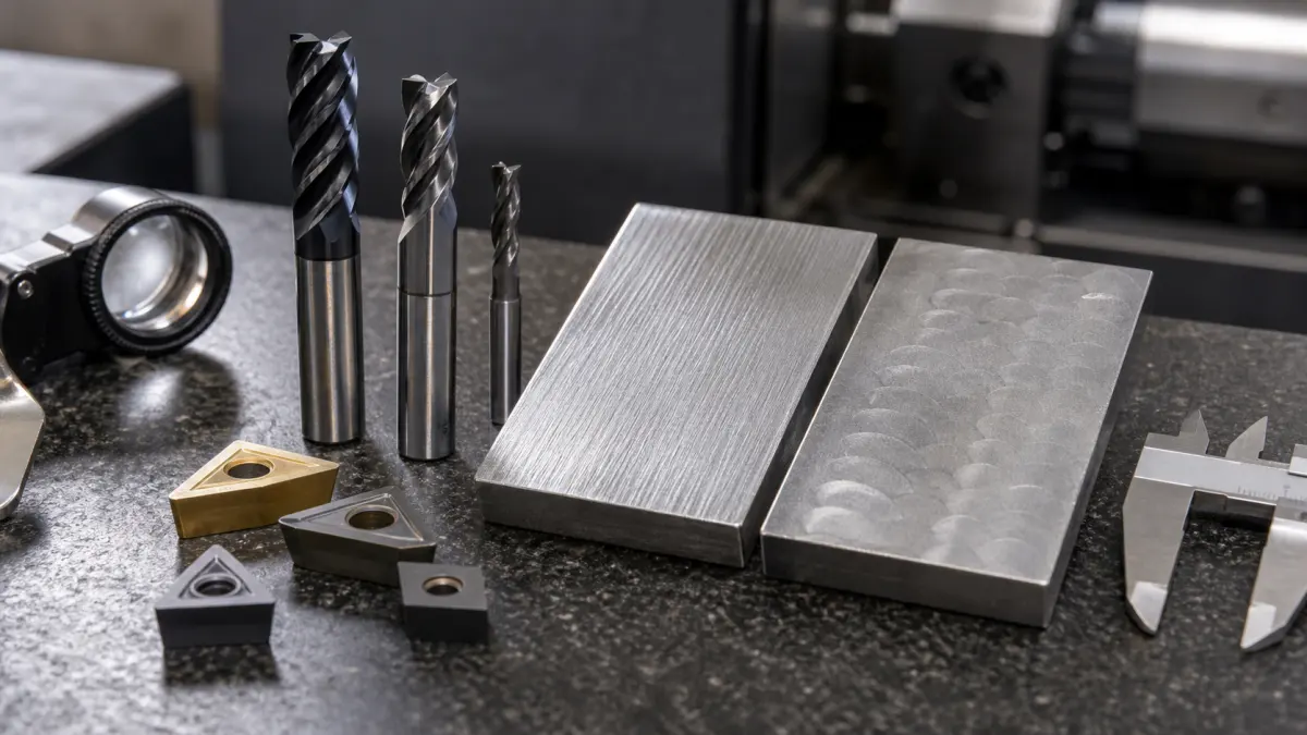 Carbide end mills, inserts, and machined metal coupons with different surface finishes