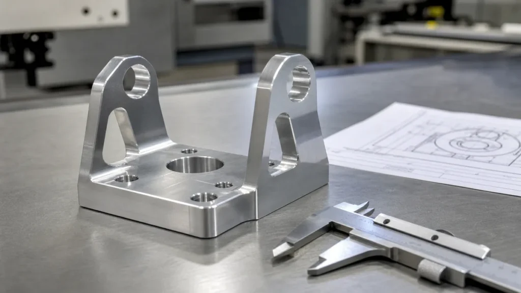 CNC machined aluminum bracket with caliper and engineering drawing for DFM review