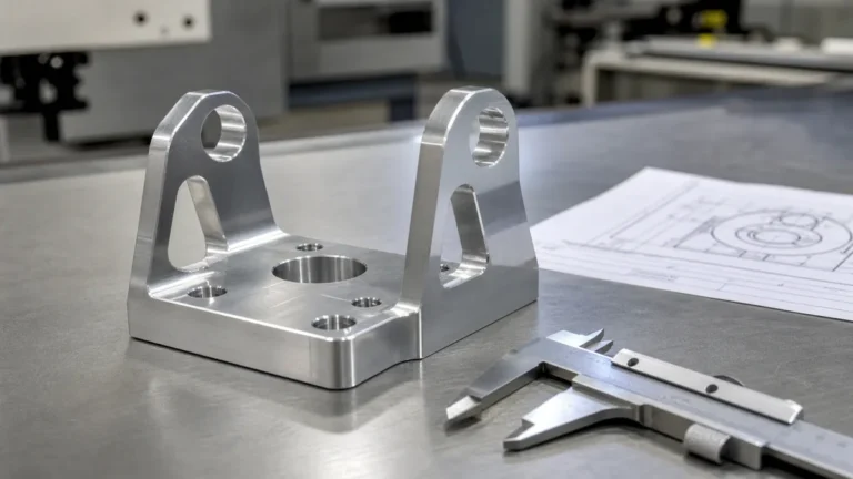 CNC machined aluminum bracket with caliper and engineering drawing for DFM review
