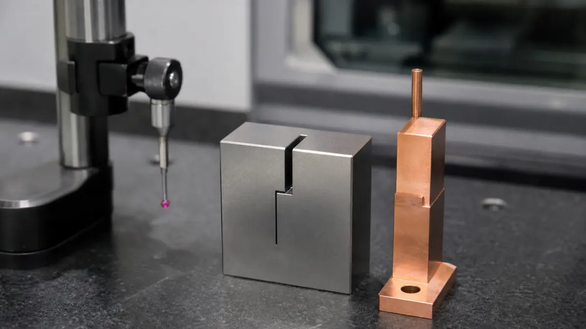 Hardened steel block with EDM-cut slot beside copper electrode and inspection probe