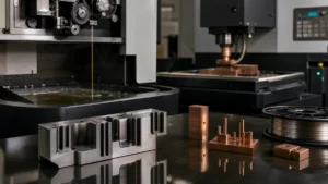 Wire EDM setup, copper electrodes, and precision metal part with narrow slots