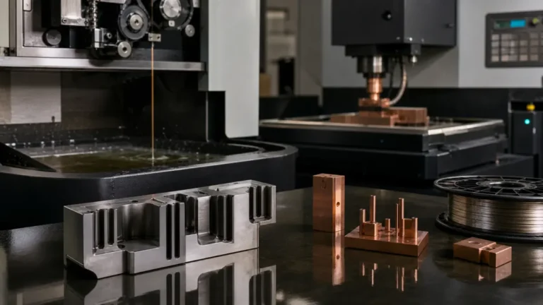 Wire EDM setup, copper electrodes, and precision metal part with narrow slots