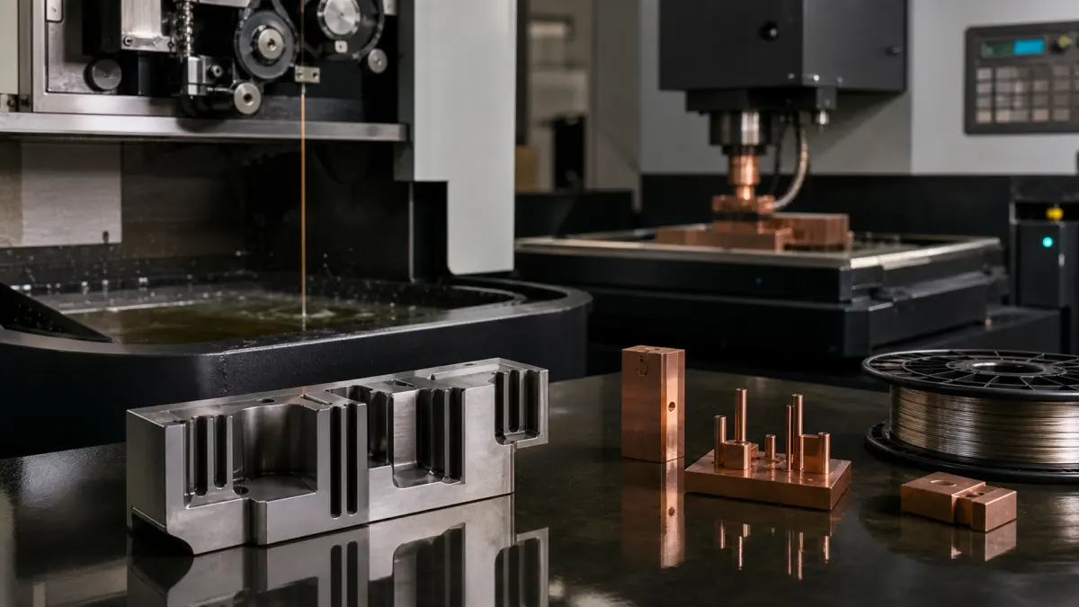 Wire EDM setup, copper electrodes, and precision metal part with narrow slots