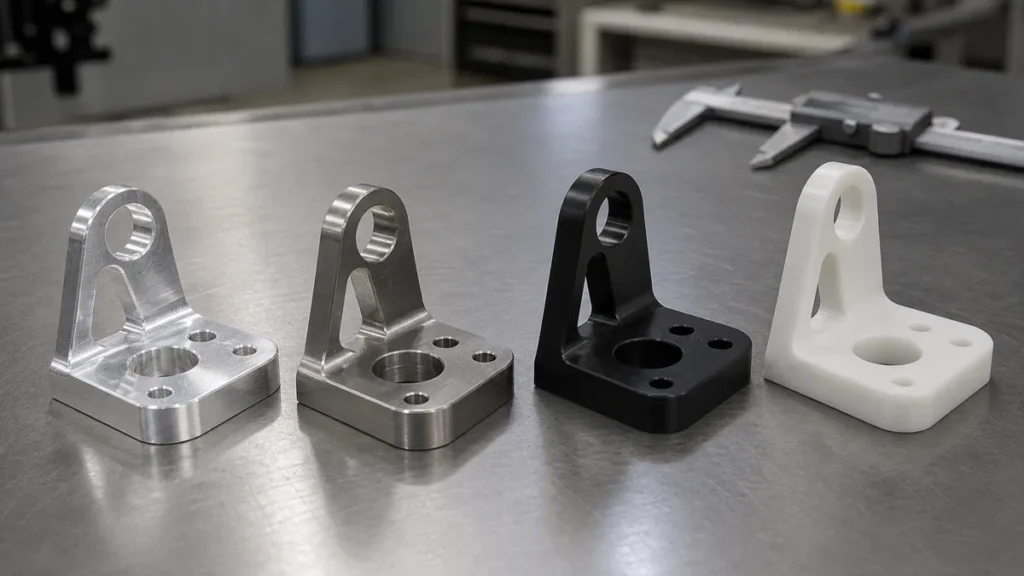 CNC machined aluminum stainless steel acetal and engineering plastic parts compared on an inspection bench