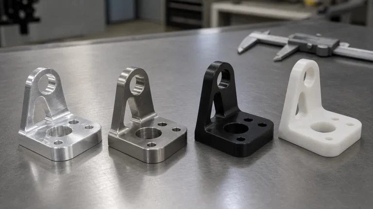 CNC machined aluminum stainless steel acetal and engineering plastic parts compared on an inspection bench