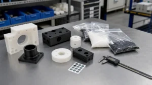 CNC machined plastic parts, sealed plastic stock, and caliper on inspection bench