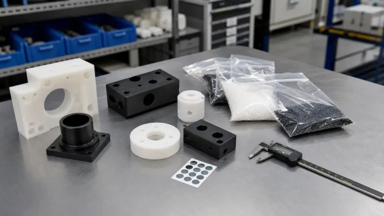 CNC machined plastic parts, sealed plastic stock, and caliper on inspection bench