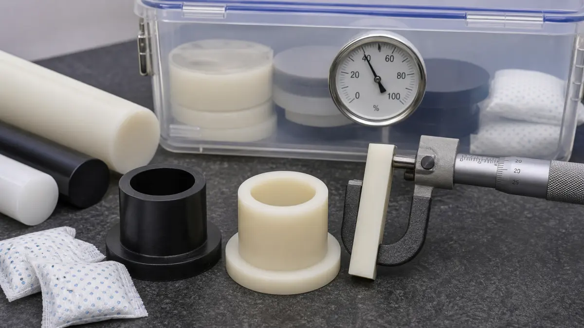 Machined plastic bushings checked with a micrometer near desiccant and humidity storage