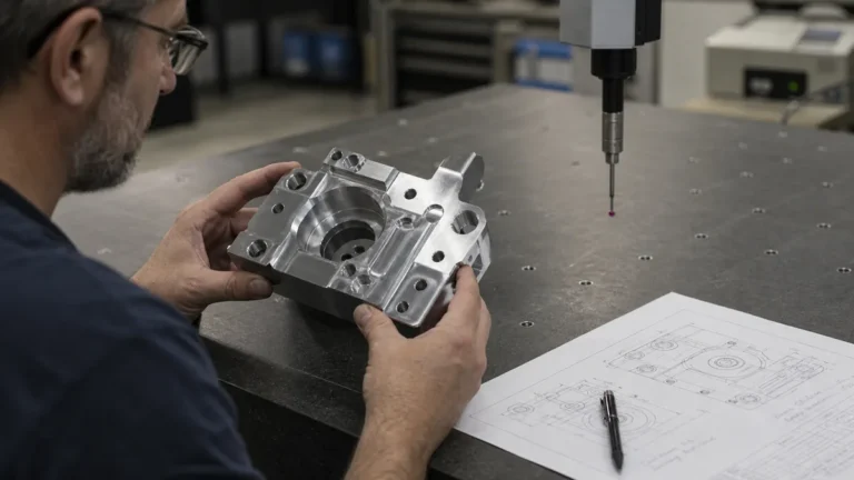 Machinist checking a CNC machined aluminum part before surface finish selection