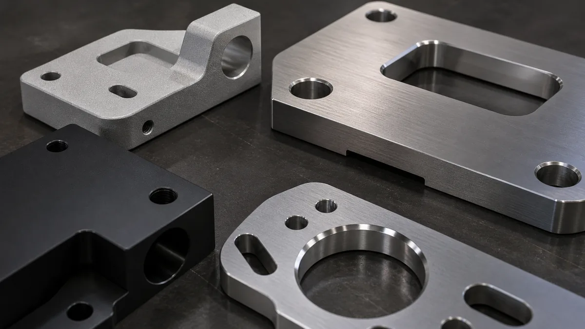 CNC machined metal samples showing bead blasted brushed anodized and polished finishes