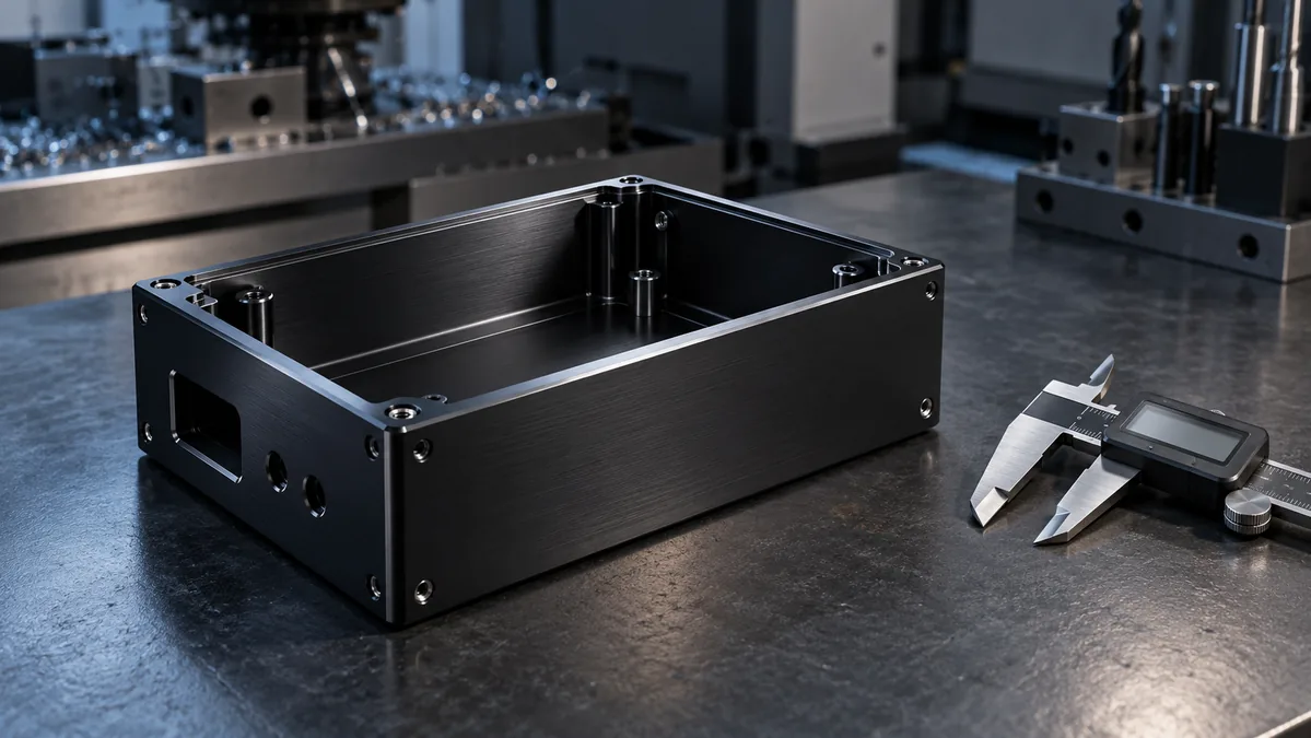 Black Type II anodized CNC aluminum enclosure beside a digital caliper