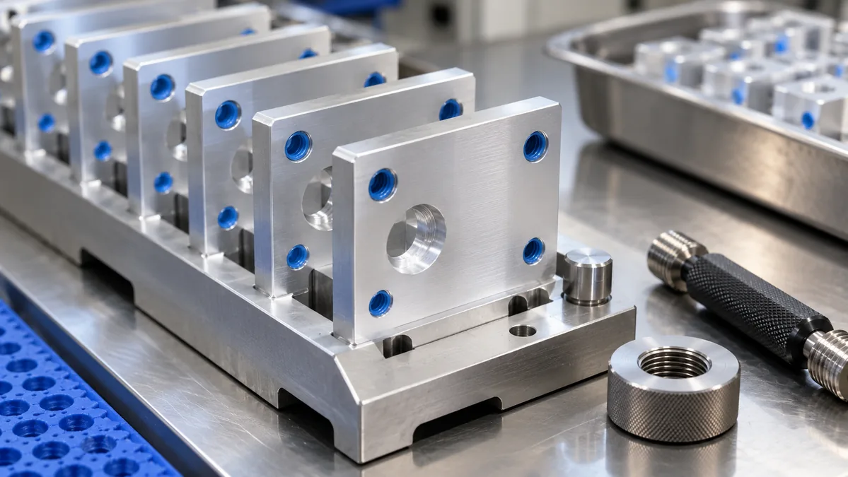 CNC aluminum test pieces with protected threaded holes before anodizing inspection